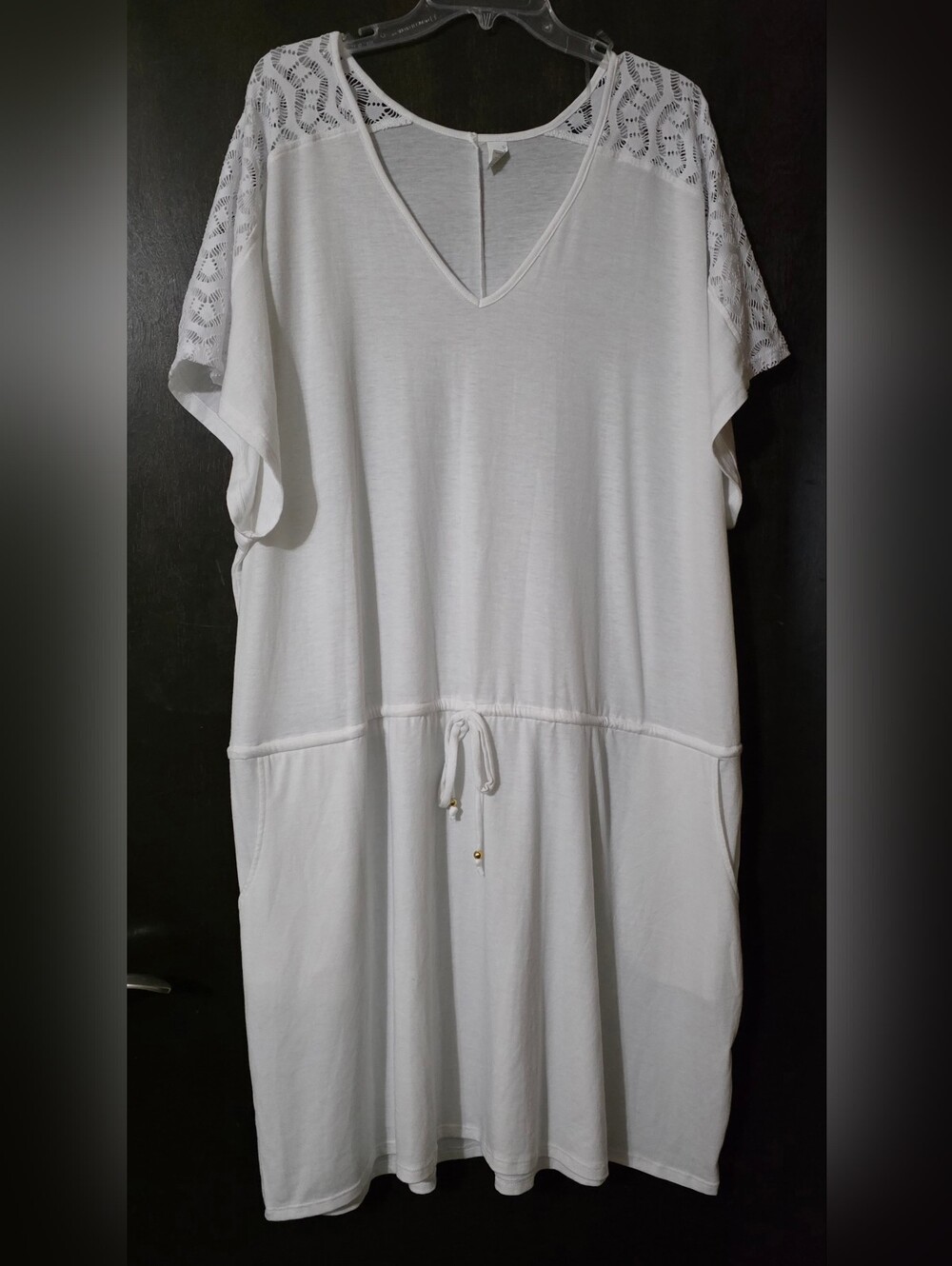 💢4For$20 White V-Neck Coverup Oversized Lace Shoulders Drawstring Waist Sz 2X